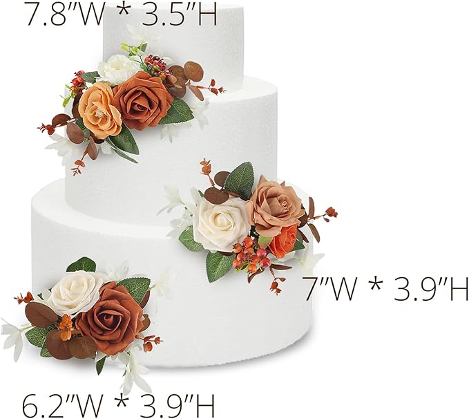 Rinlong 3Pcs Cake Topper Set Artificial Flowers for Cake Decor Burnt Orange Fall Wedding Cake