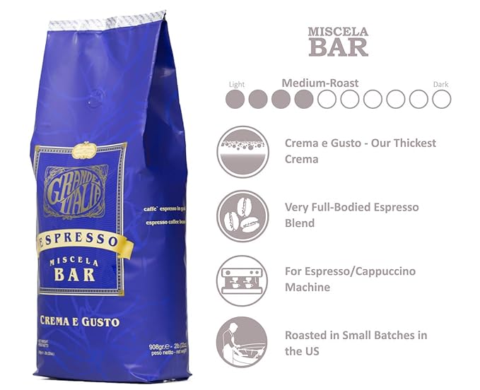 Grande Italia Espresso; Small Batch Artisan Roasted: Bar, Crema e Gusto, Whole Bean (2LB Bag, Pack