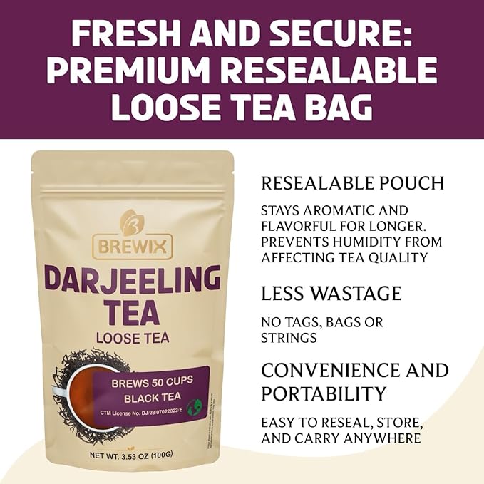 BREWIX, Darjeeling Tea Leaves from Hills of Himalayas (50+ Cups, 3.53oz/100g) | Pure Loose Leaf