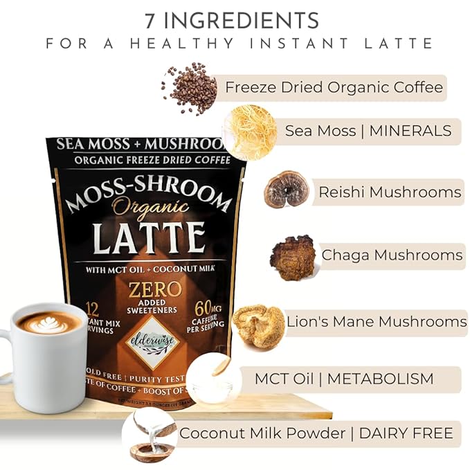 Elderwise Organics Coffee - Latte - Lion's Mane, Chaga, Reishi, Cordyceps, MCT Oil, Coconut Cream &