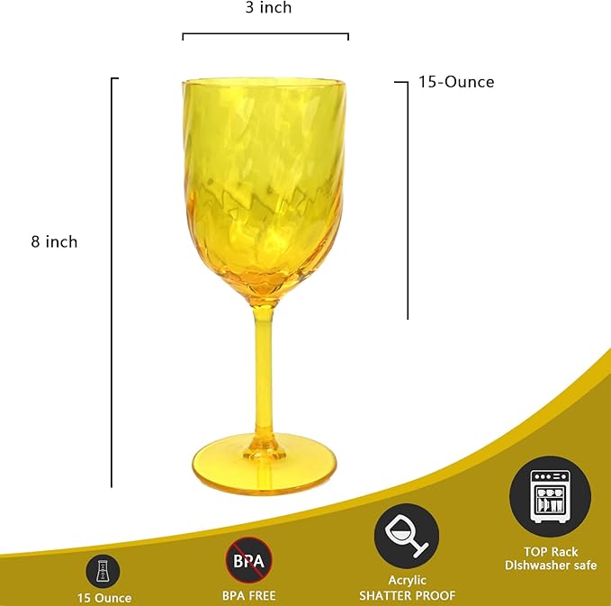 Yalin Set of 6 Unbreakable 15 oz Acrylic Plastic Wine and Water Tumbler Stackable Goblets. (Yellow