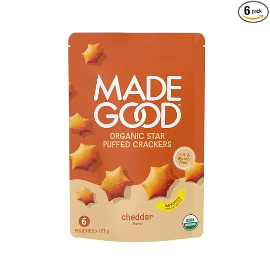 MadeGood Cheddar Star Puffed Crackers (6 Bags - 4.26 Oz Each) Gluten Free and Organic, Healthy