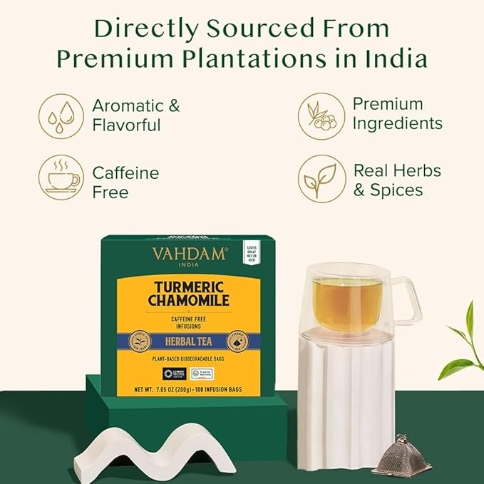 VAHDAM, Turmeric Chamomile Tea Bags (100 Herbal Tea Bags) Caffeine Free,100% Pure Herbal Tisane
