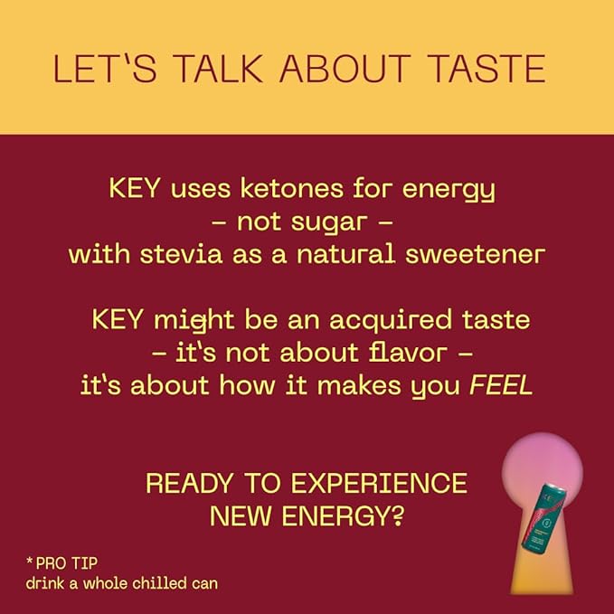 KEY Ketone Energy Drink : Sugar Free, 80mg Low Caffeine, All Natural, 11.5g Ketones, Long Lasting