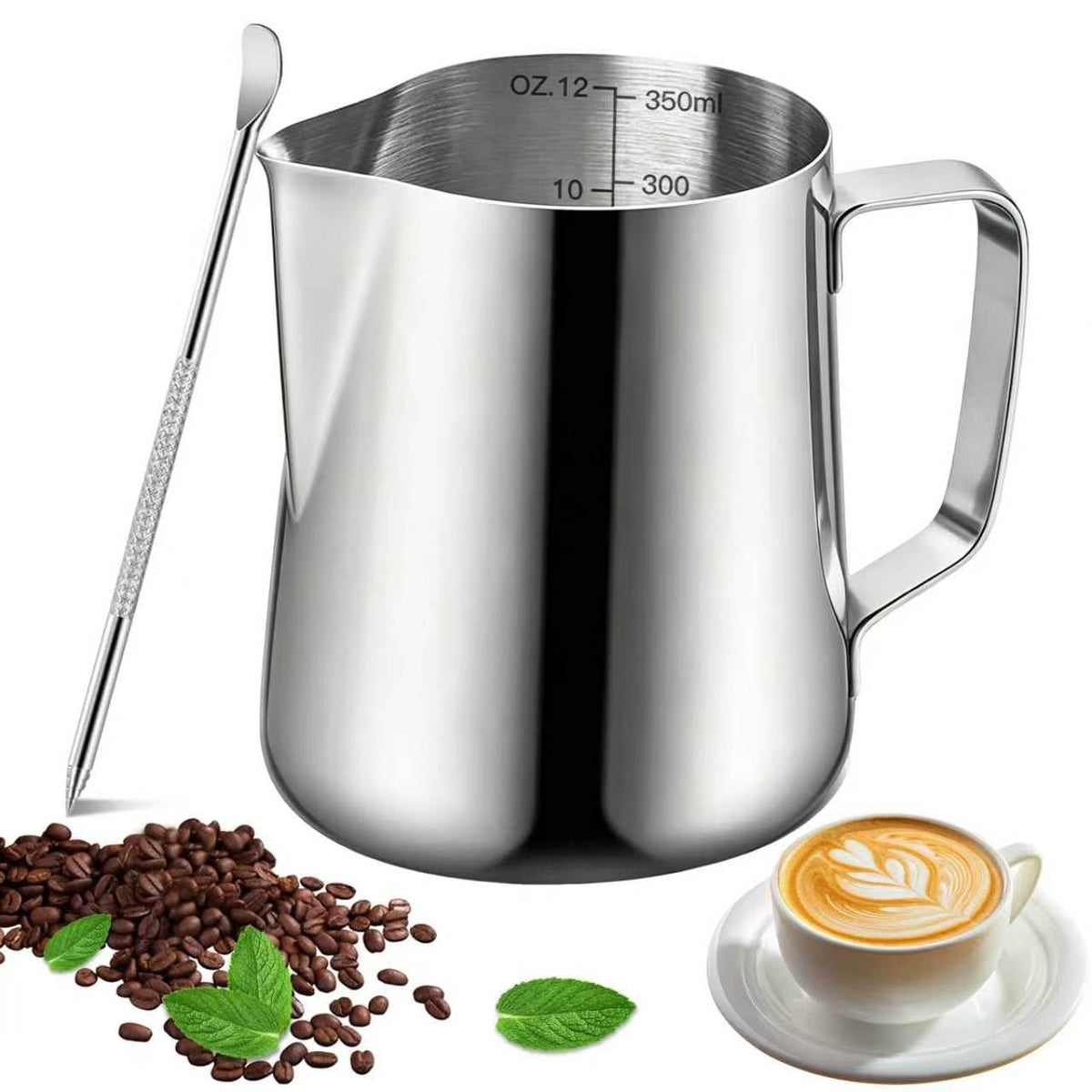 Milk Frothing Pitcher, 12oz Milk Frother Cup with Scale, 304 Stainless Steel Cappuccino Espresso