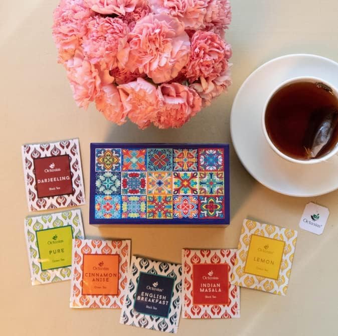 Octavius | Tile Motif Wooden Caddy Tea Sampler Pack | Assortment of 3 Black & 3 Green Teas | 30