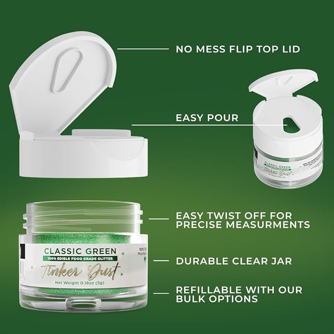 Bakell - Classic Green Tinker Dust (5g, 1x Jar) Edible Glitter for Food, Desserts, and Beverages!