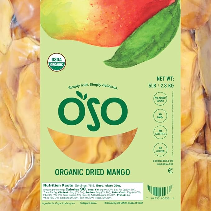 Oso Snacks Organic Dried Mango Slices. Premium Quality, Large Round Halves!| 5LB Bulk Bag| No Sugar