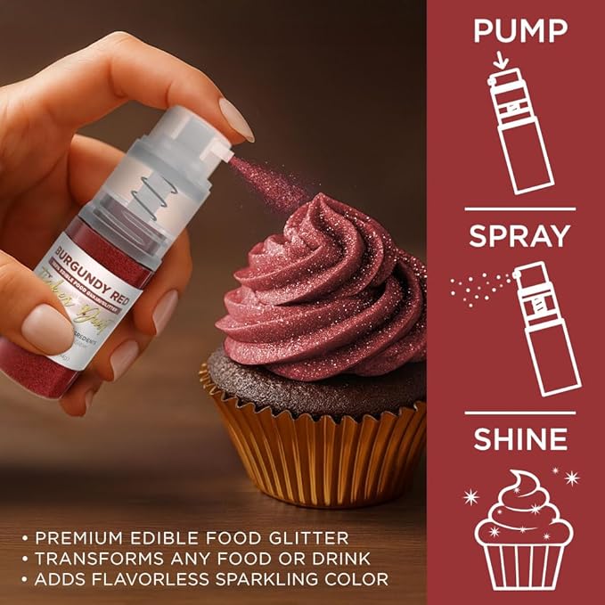 Bakell - Burgundy Red Tinker Dust (4g, 1x Mini Spray Pump) Edible Glitter for Food, Desserts, and