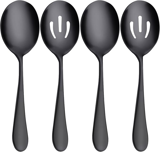 Serving Spoons Set, Black Stainless Steel, 8.7 Inch, Slotted and Solid Serving Utensils for Party