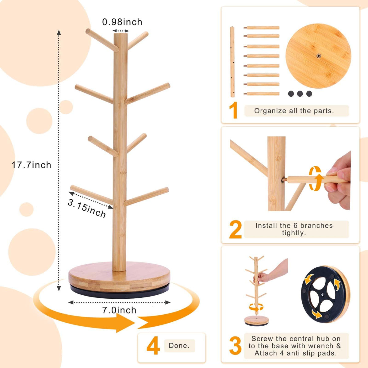Krispmaild Mug Holder Tree, Upgraded 360° Rotated 8 Hooks Coffee Mug Holders for Counter, Bamboo