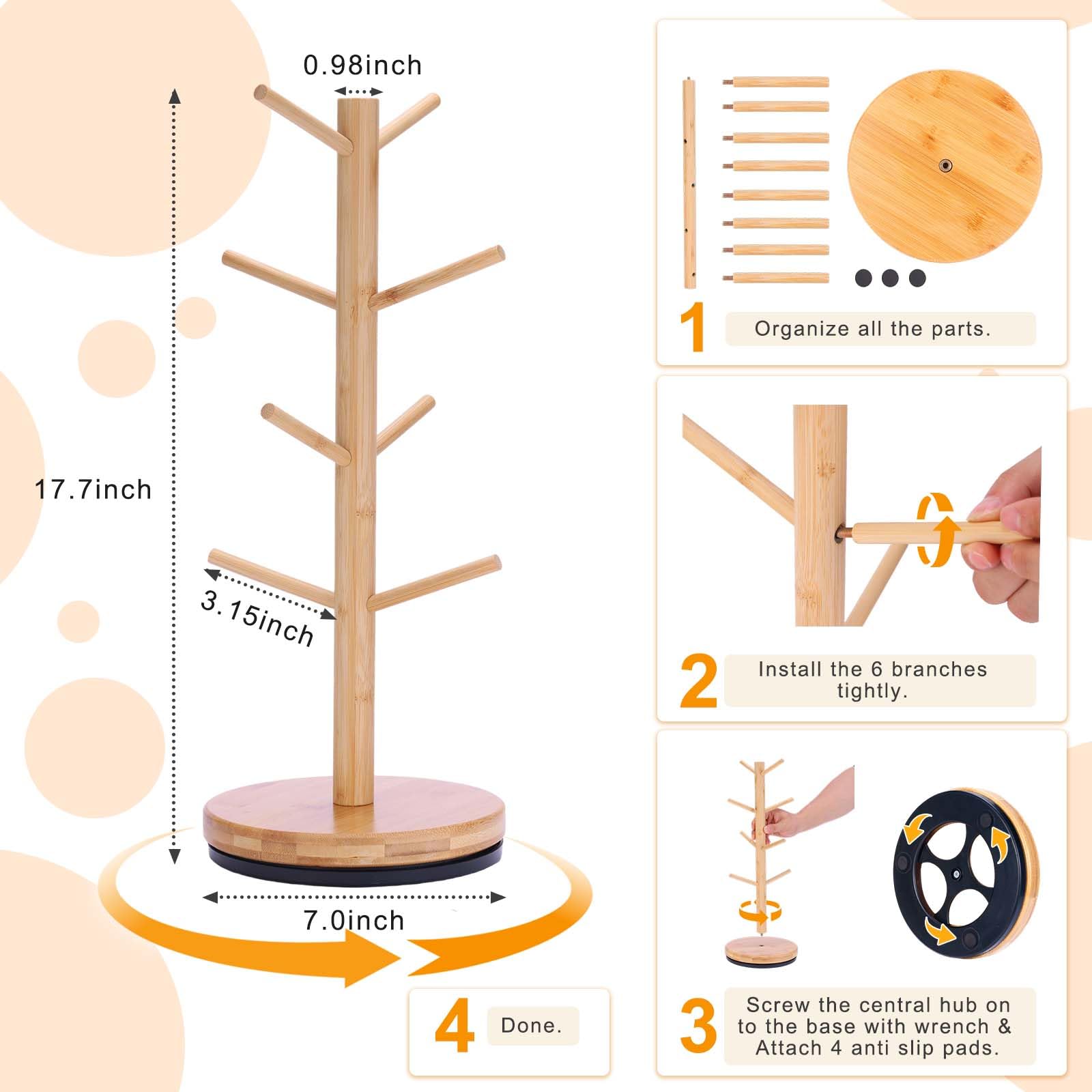 Krispmaild Mug Holder Tree, Upgraded 360° Rotated 8 Hooks Coffee Mug Holders for Counter, Bamboo