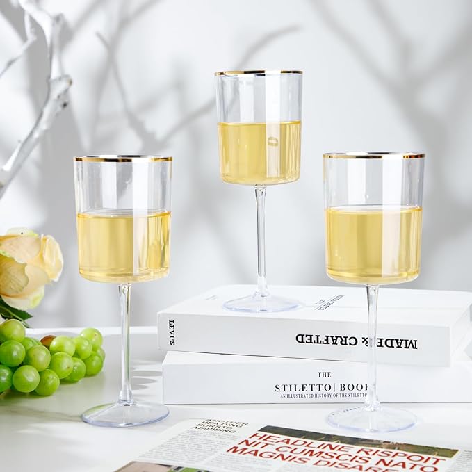 Ciaell 12 Pack Plastic Wine Glasses - 10 Oz Plastic Wine Glasses with Stem - Gold Rim Disposable