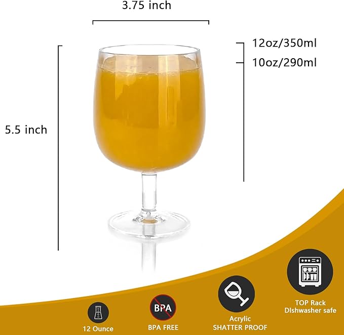 Yalin Set of 6 Unbreakable 12 oz Acrylic Plastic Wine and Water Tumbler Stackable Goblets. (Clear