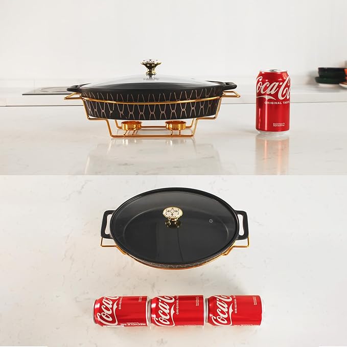 11" x 7.5" Ceramic Oval Casserole Dish with Glass Lid and rack, 40 OZ Serving Soup Tureen,Chafing