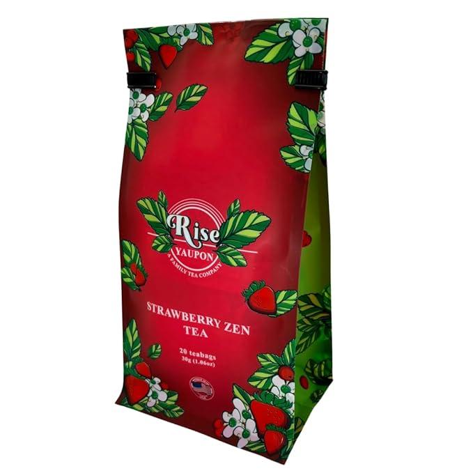 Rise Yaupon Strawberry Zen Yaupon Holly Tea, 20 Tea Bags, 1.06 oz, Caffeinated Yaupon Holly with