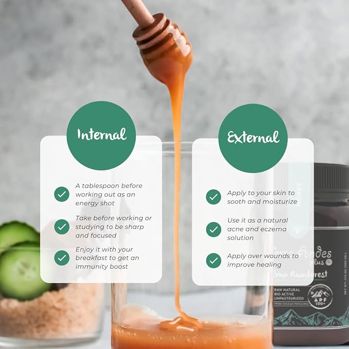 Ulmo Rainforest honey APF 200+ by Terra Andes Plus. Raw natural organic honey. Highest bioactive