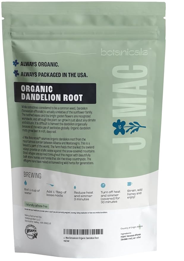 J Mac Botanicals Organic Dandelion Root (16 oz) unroasted, herb for tea and other infusions