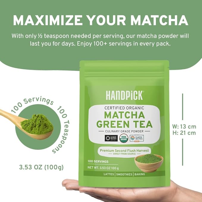 HANDPICK Japanese Organic Matcha Green Tea Powder (100 Servings) - Authentic Premium Second Flush