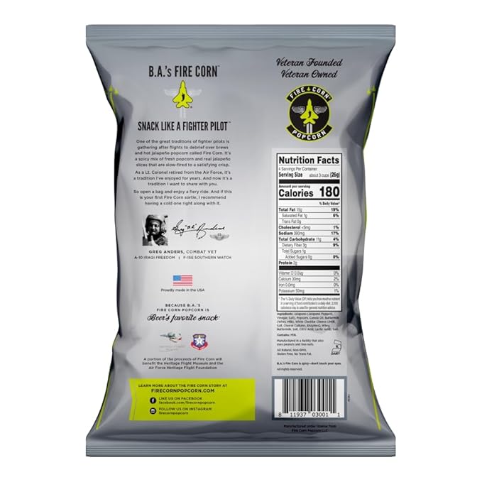 Fire Corn Popcorn Pack of 6 Real Jalapeno Popcorn with White Cheddar Flavor Gluten Free, Spicy