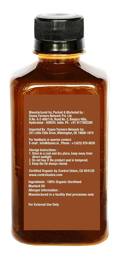 Daana Mustard Oil: CERTIFIED USDA ORGANIC, EXTRA VIRGIN, COLD PRESSED (12 oz)