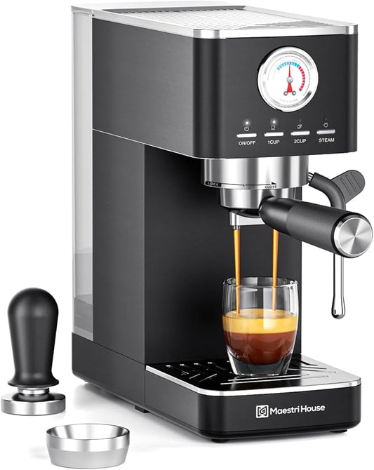 Maestri House Espresso Machine, 20 Bar ULKA Pump, Compact Espresso Maker Built-in Flow Meter Steam