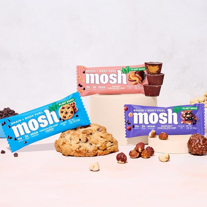 MOSH Variety Pack Vegan Protein Bars, Plant Based, Keto, Gluten Free, Brain Healthy Snack with
