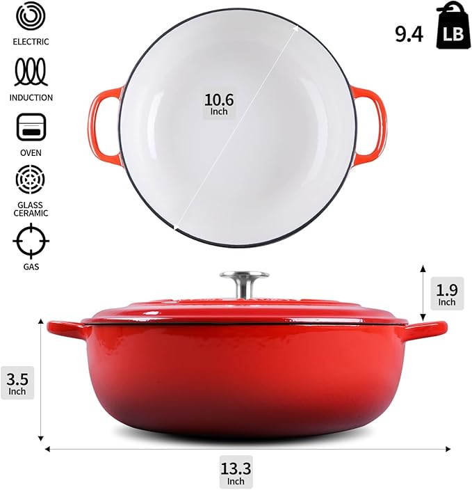Enameled Cast Iron Dutch Oven Shallow Casserole Braiser with Dual Handle, 3.8 QT, Red