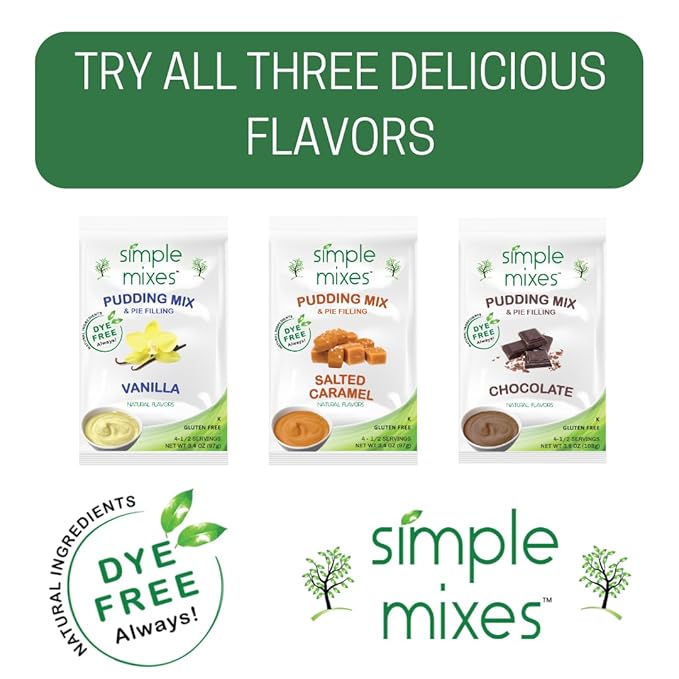 Simple Mixes Natural Instant Pudding & Pie Filling Mix Variety, Chocolate, Vanilla & Salted Caramel, Gluten and Dye-Free, No Fat, or Lactose, Kosher, Variety 6 Pack