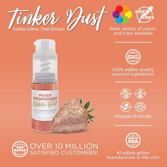 Bakell - Peach Tinker Dust (4g, 1x Mini Spray Pump) Edible Glitter for Food, Desserts, and