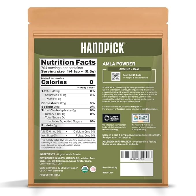 HANDPICK Organic Amla Powder (14oz) Amalaki, USDA Organic, Non-GMO | 100% Raw and Natural - Lab