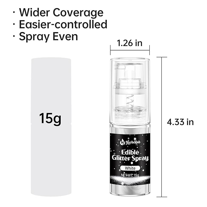 White Edible Glitter Spray - Herbeklab 15g Edible Glitter for Cakes, Food Grade Metallic Shimmer