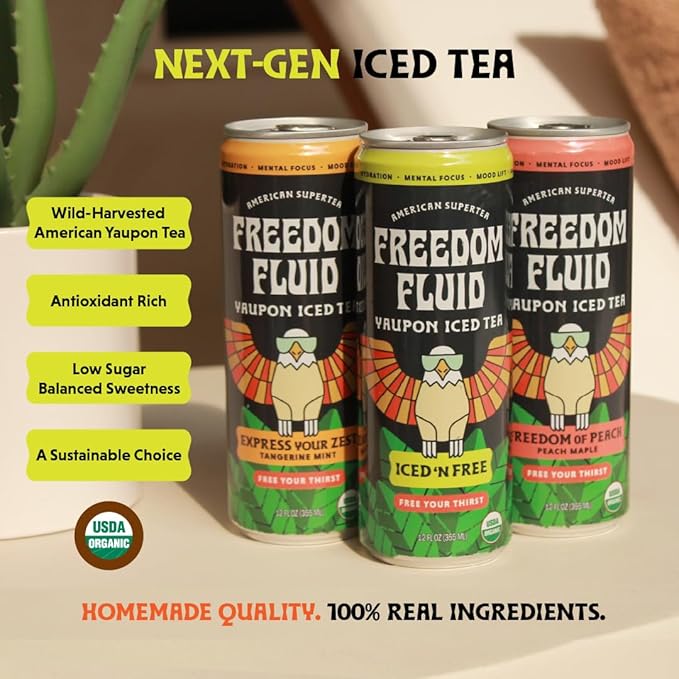 Freedom Fluid Yaupon Iced Tea – Refreshing & Slightly Sweet Organic Yaupon Tea – Variety 12 Pack