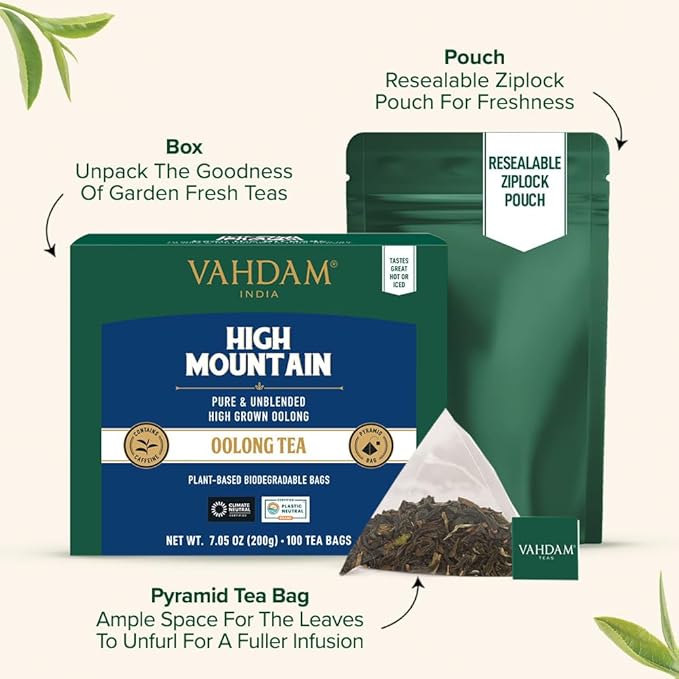 VAHDAM, High Mountain Oolong Tea Bags (100 Count) Non GMO, Gluten Free | High Grown Oolong Tea