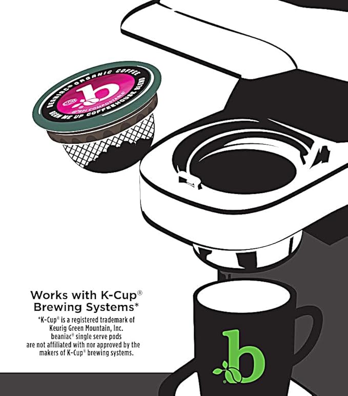 beaniac Organic Bean Me Up Coffeehouse Blend, Medium Roast, Single Serve Compostable K Cup Coffee