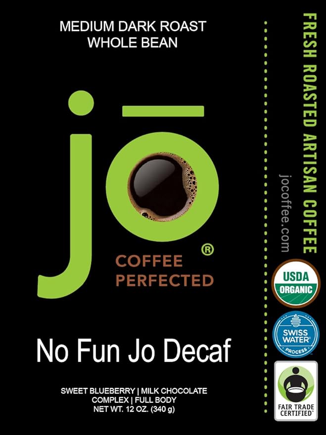 NO FUN JO DECAF: 12 oz, Organic Decaf Coffee, Swiss Water Process, Fair Trade Certified, Medium