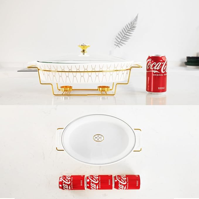 12" x 8" Ceramic Oval Casserole Dish with Glass Lid and rack, 54 ounce Serving Soup Tureen,Chafing