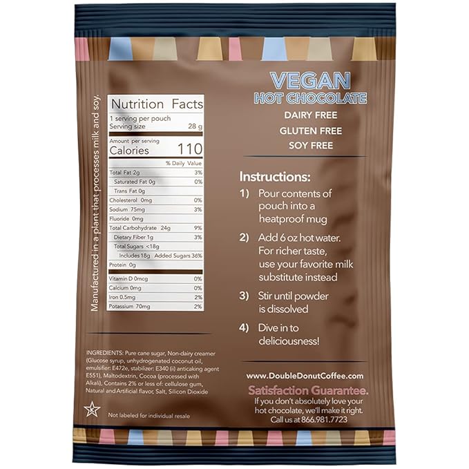 Double Donut Dairy Free Hot Chocolate Mix, Non Dairy Instant Vegan Hot Chocolate Packets, 30 Count