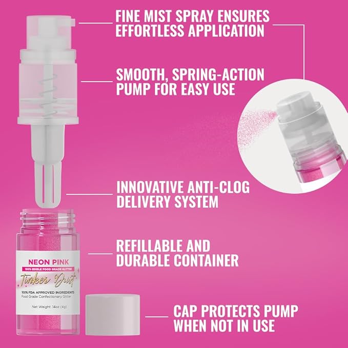 Bakell - Neon Pink Tinker Dust (4g, 1x Mini Spray Pump) Edible Glitter for Food, Desserts, and