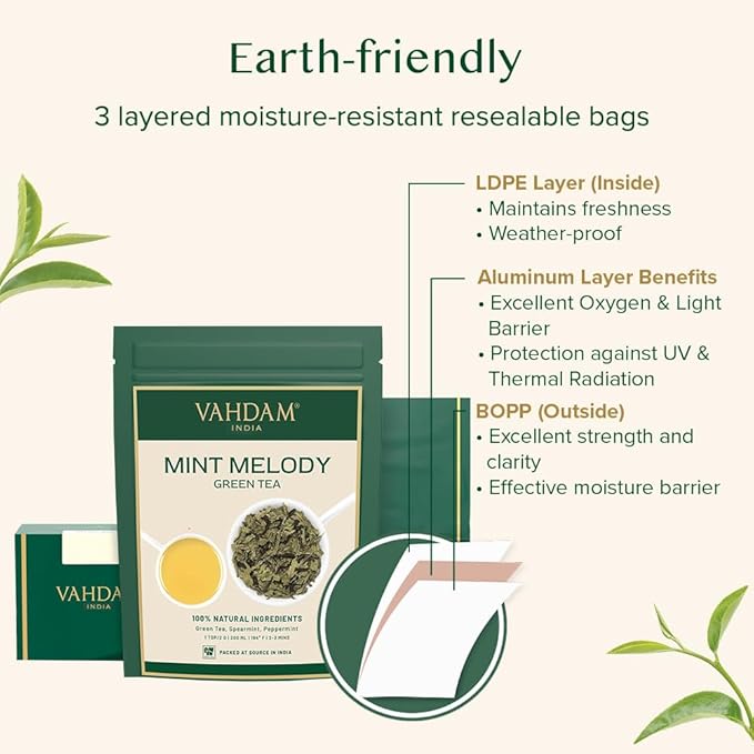 VAHDAM, Mint Green Tea Loose Leaf (50+ Cups, 3.5 oz) Cool Peppermint Tea With Himalayan Green Tea