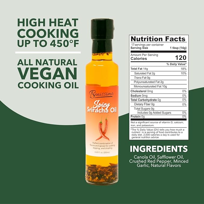 Benissimo Spicy Sriracha Herb Infused Oil, All Natural Gourmet Cooking Oil with Bold Chili Heat and