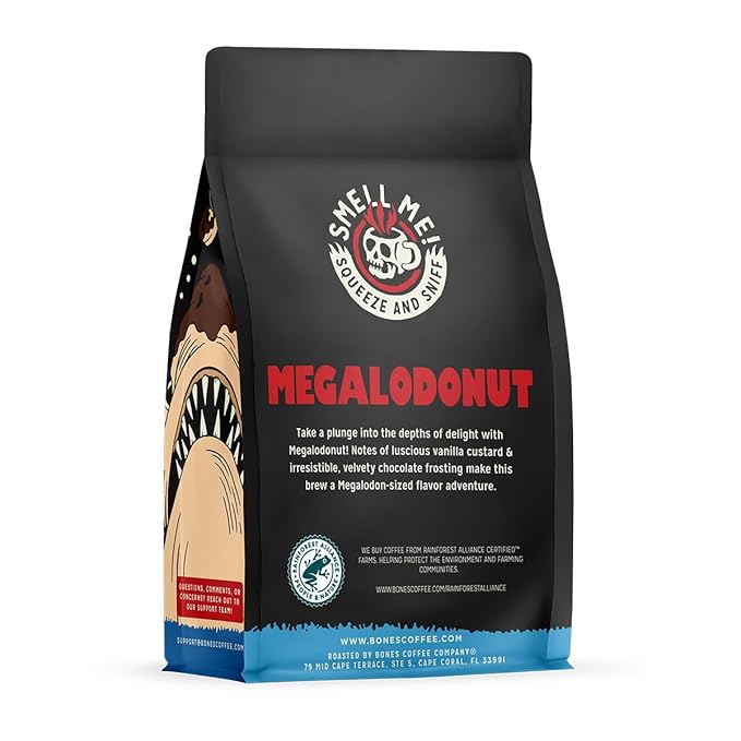Bones Coffee Company Megalodonut, Boston Cream Donut Flavored Coffee, Medium Roast Low Acid Arabica