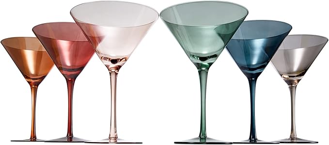Colored Martini & Cocktail Crystal Glasses - 10oz | Set of 6 | Cute Pastel Muted Crystal Cocktail