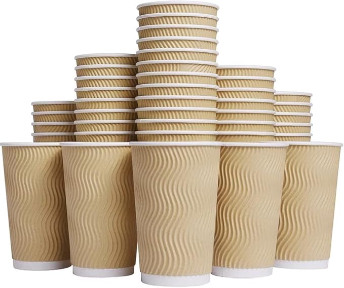 Hot Paper Cups 16 oz Disposable Insulated Corrugated Sleeve Ripple Wall Paper Cup 100 pcs,16oz Cups