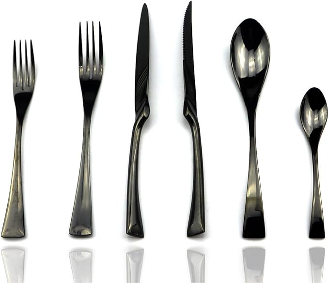 JASHII 18/10 Stainless Steel 24 Piece Mirror Polished Black Flatware Set,Dinner Knife Steak Knife