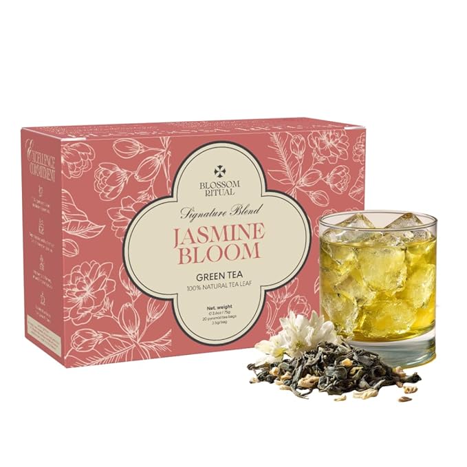 BLOSSOM RITUAL Jasmine Bloom – Floral Green Tea Loose Leaf – 20 Natural Based Pyramid Bags – Serve