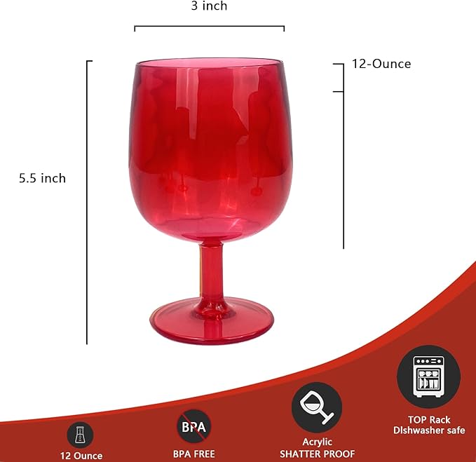 Yalin Set of 6 Unbreakable 12 oz Acrylic Plastic Wine and Water Tumbler Stackable Goblets. (Red, 12