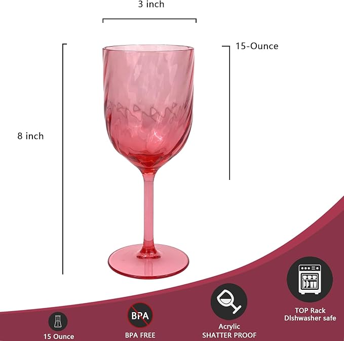 Yalin Set of 6 Unbreakable 15 oz Acrylic Plastic Wine and Water Tumbler Stackable Goblets. (Red, 15