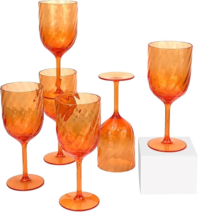 Yalin Set of 6 Unbreakable 15 oz Acrylic Plastic Wine and Water Tumbler Stackable Goblets. (Orange