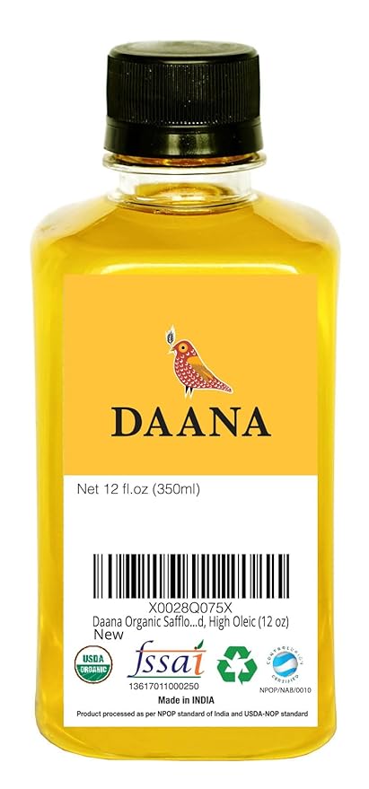 Daana Safflower Oil: Certified USDA Organic, Extra Virgin, Cold Pressed, High Oleic (12 oz)